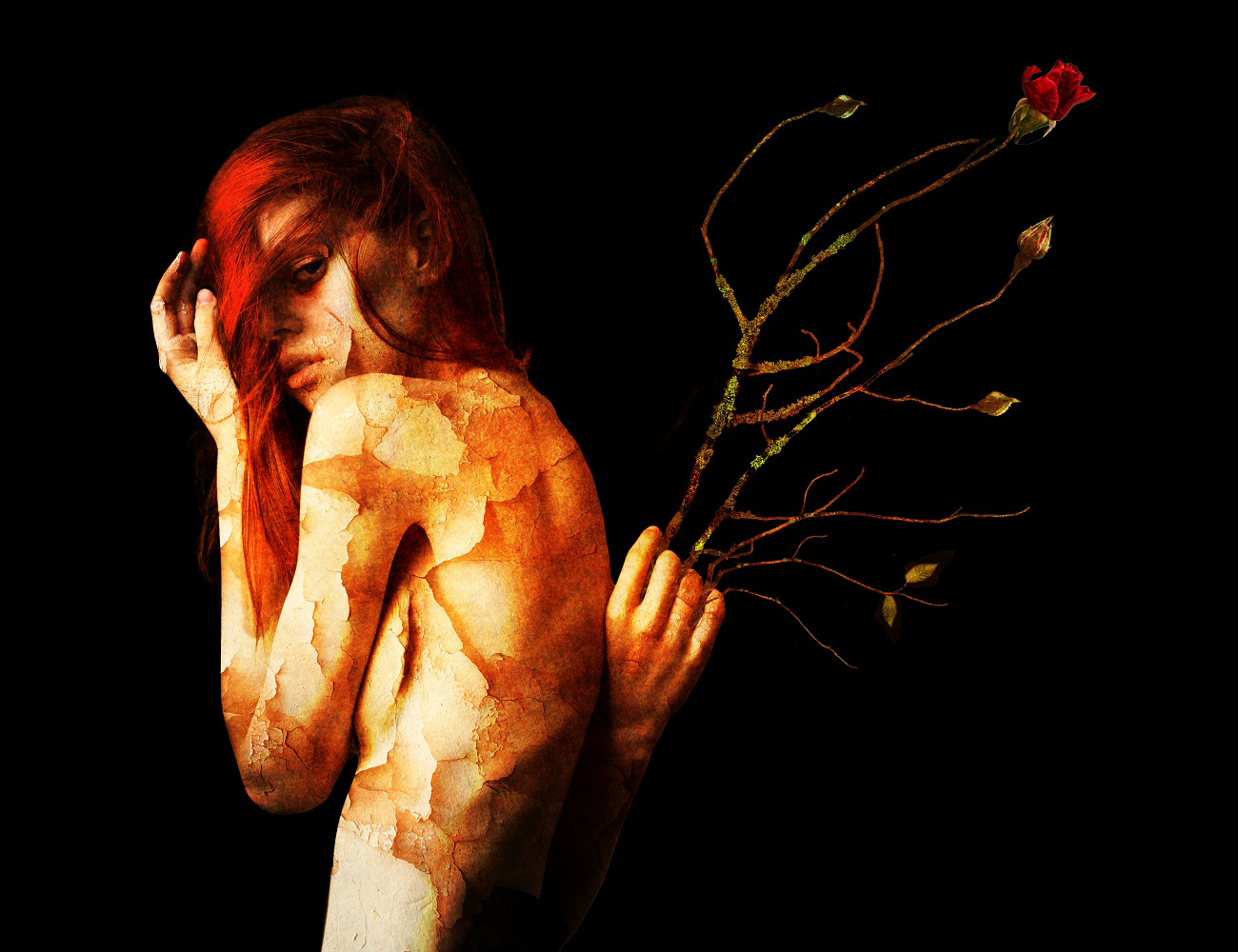 cracked naked woman holding branch with rose