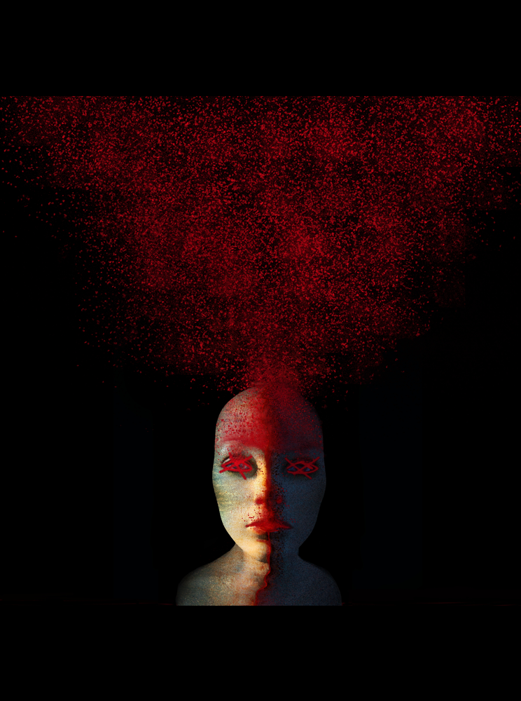 Red mist bursting from androgynous person's head 