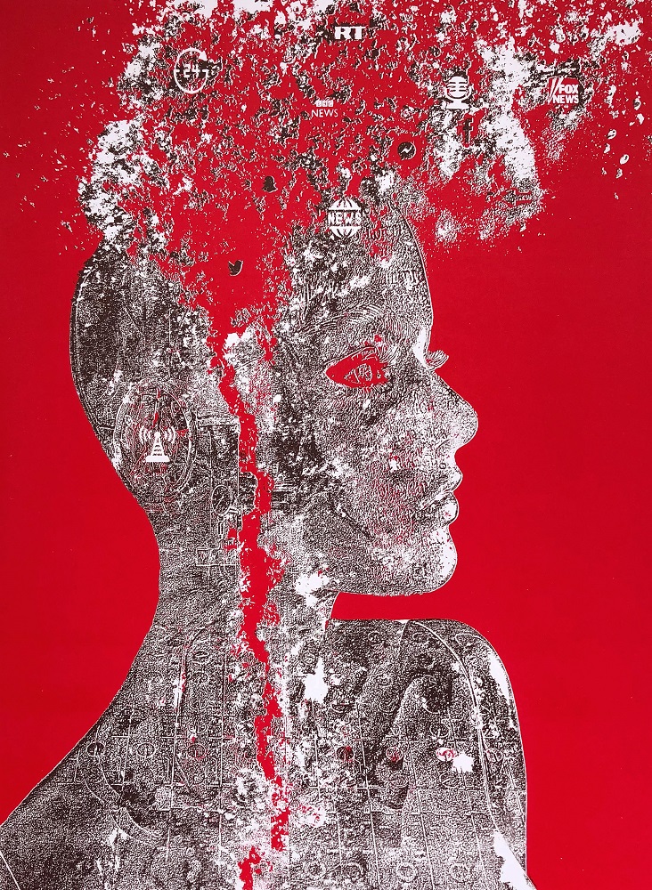 computerised Figure, red background