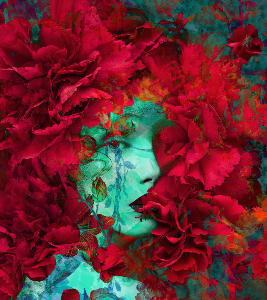 A green woman's face almost cover by red plants
