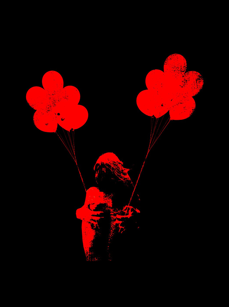 Woman from the back, holding 2 red balloons